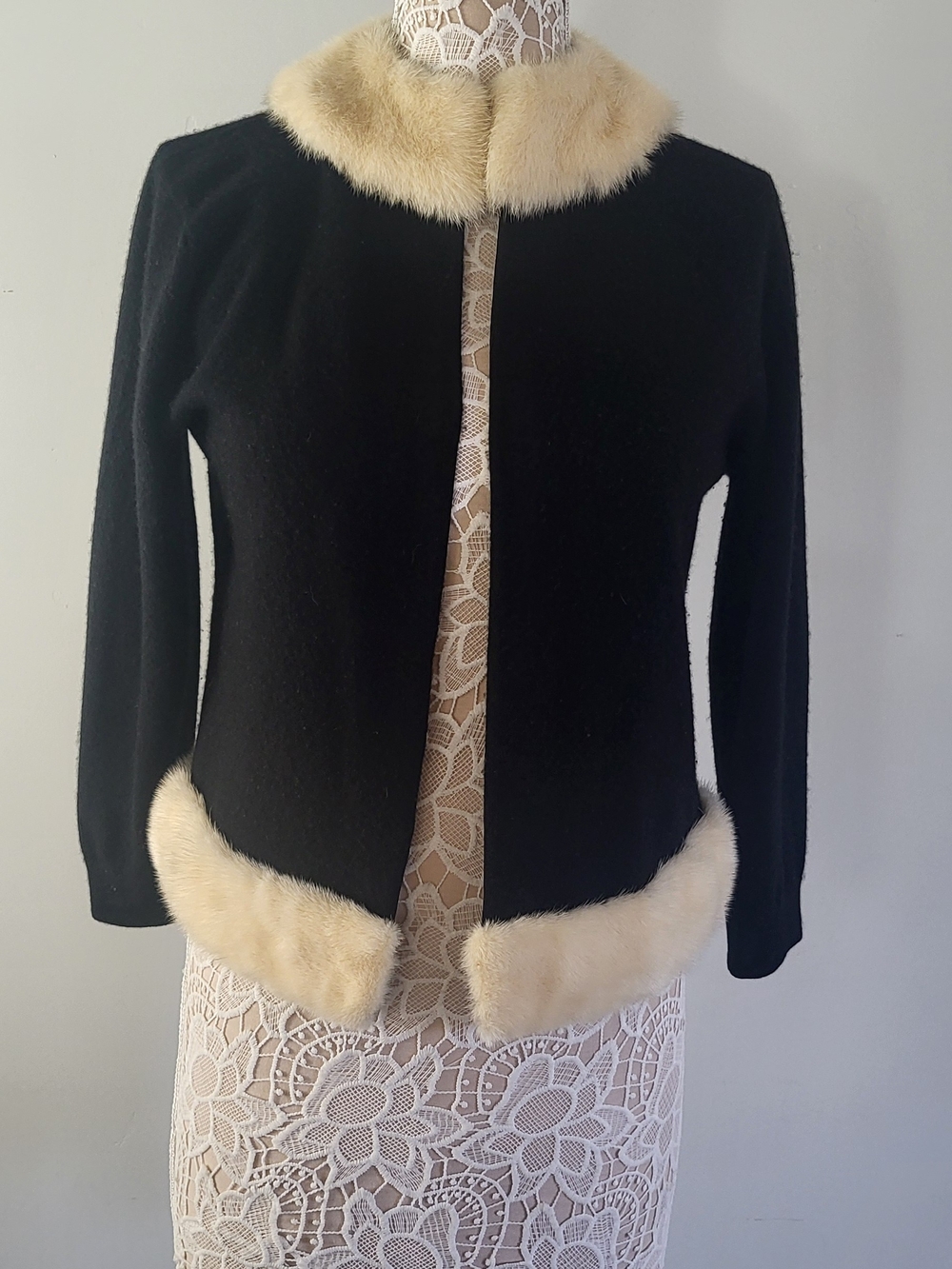 Vintage 50s Dalton x Leitman Furs Black Cashmere Cardigan Dble Platinum Fur trim